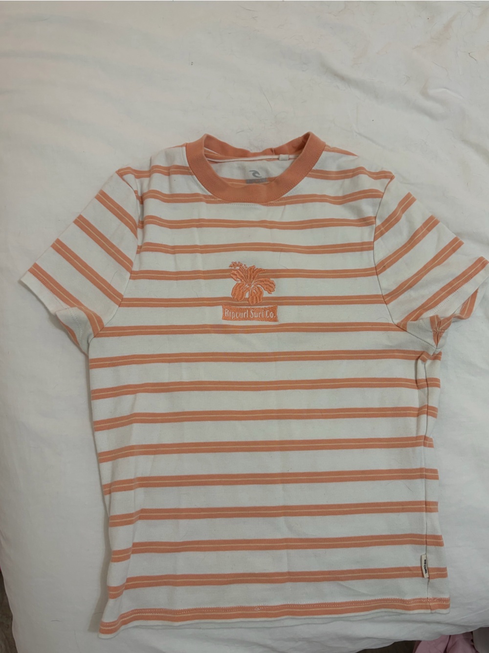 Rip Curl Orange and White Striped Crew Neck Tee